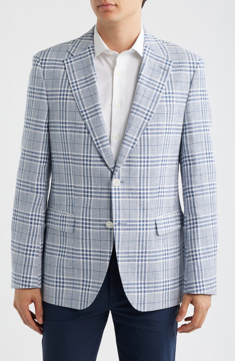 BOSS Hutson Slim Fit Blue & White Plaid Linen & Cotton Blend Sport Coat, Main, color, Open Blue