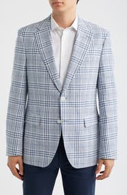 BOSS Hutson Slim Fit Blue & White Plaid Linen & Cotton Blend Sport Coat