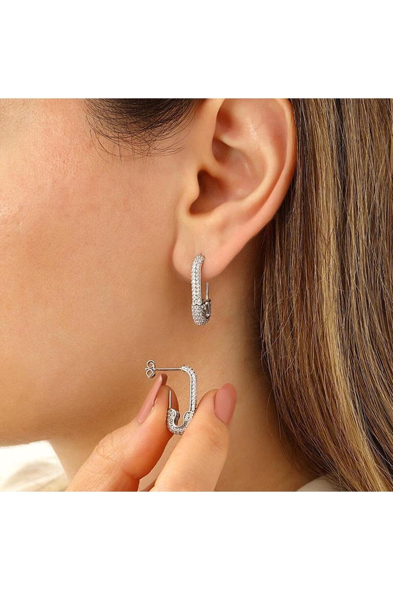 Pave Stud Safety Pin Earring Jewelled Sterling Silver, Alternate, color, Silver