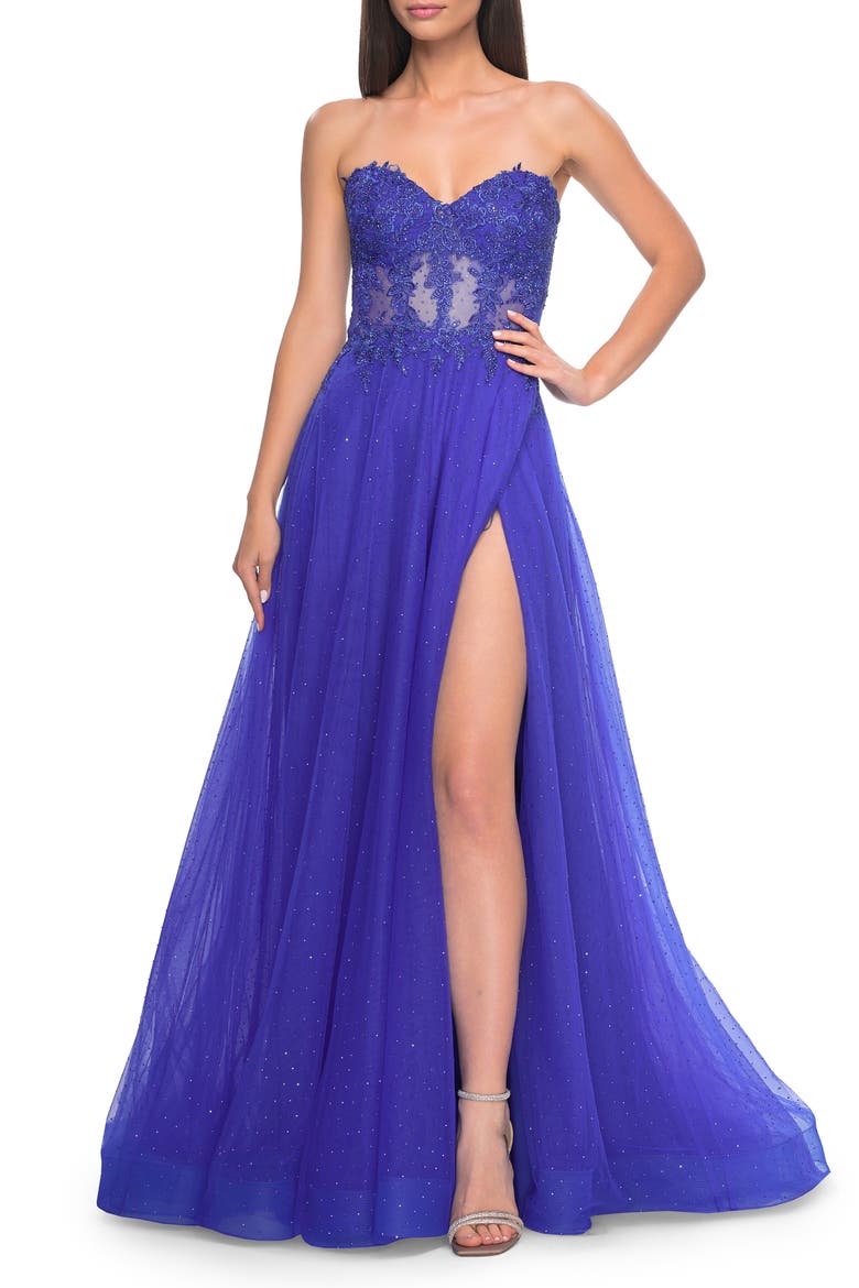 A-Line Tulle Ballgown with Lace Illusion Bodice, Alternate, color, Royal Blue
