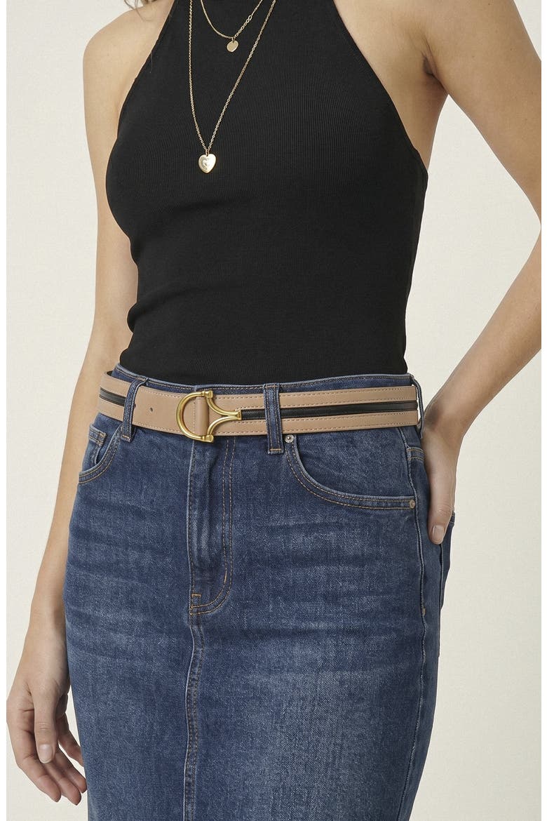 Leather Belt with D Buckle and Contrast Edge Detail, Alternate, color, Brown
