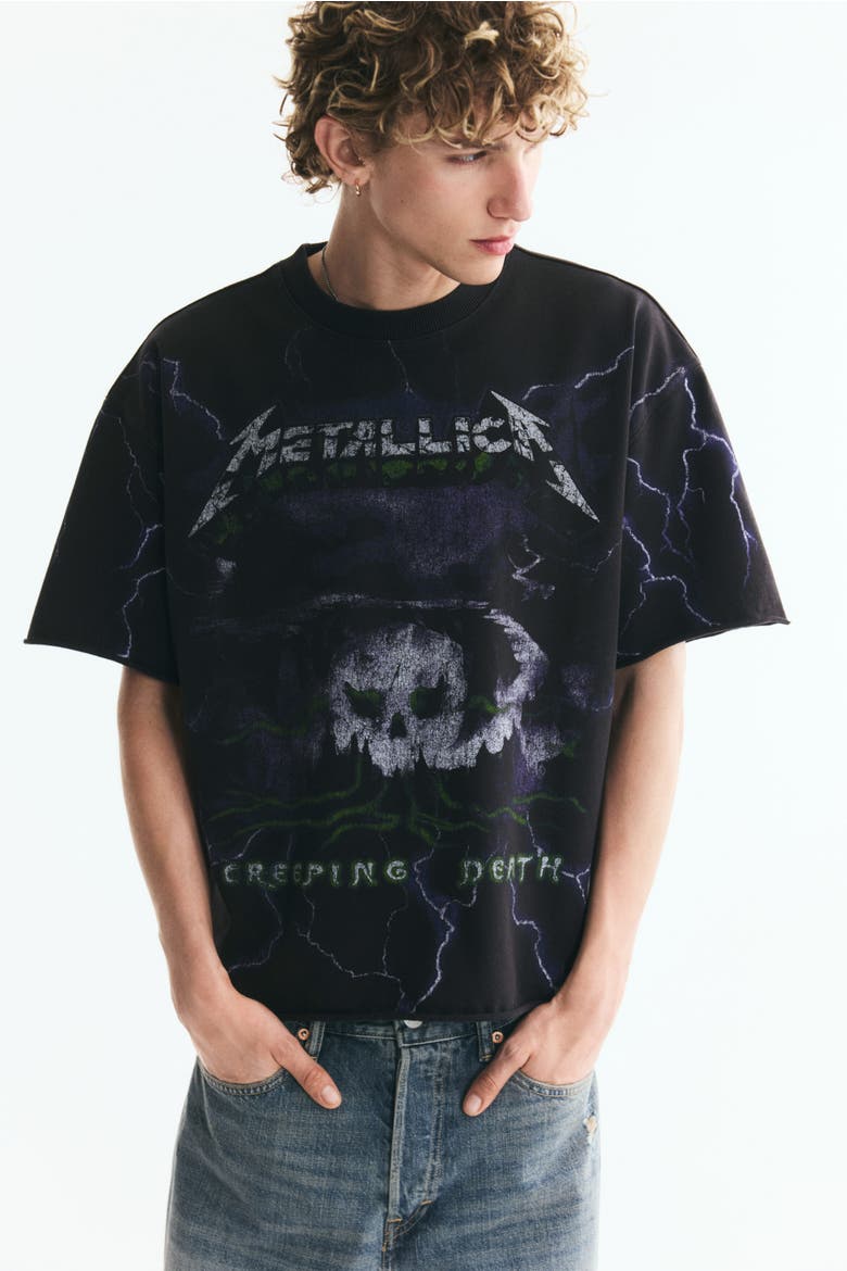 Oversized Printed Raw-edge Cotton T-shirt, Alternate, color, Black/Metallica