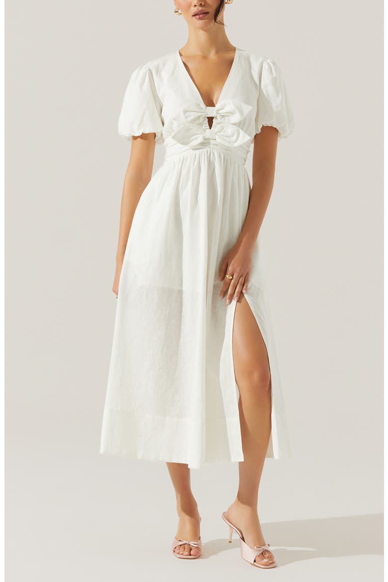 Citrine Bow Linen & Cotton Midi Dress, Alternate, color, WHITE