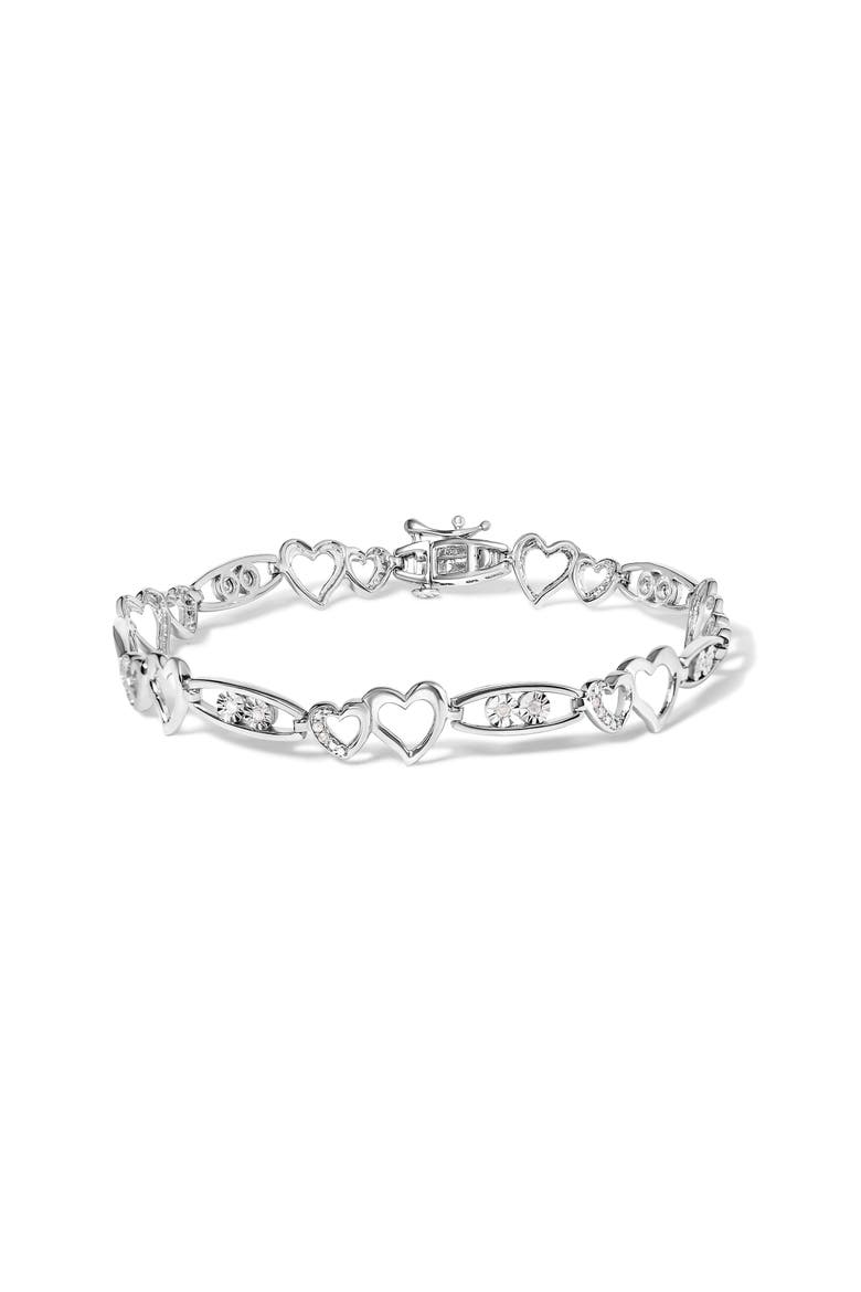 Silver 1/5 Cttw Diamond Double Heart Link Bracelet, Main, color, White