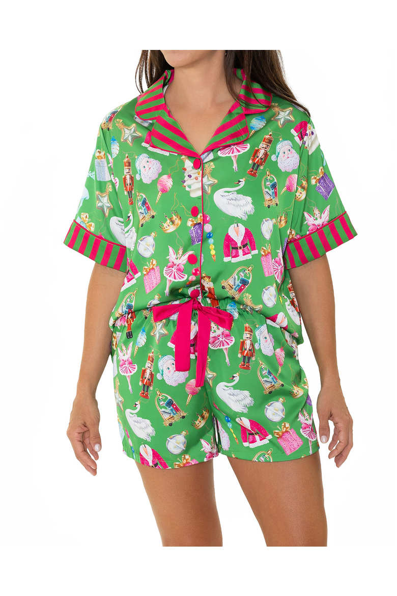 Holiday Bauble Silky Short Sleeve Shorts Set, Main, color, Green
