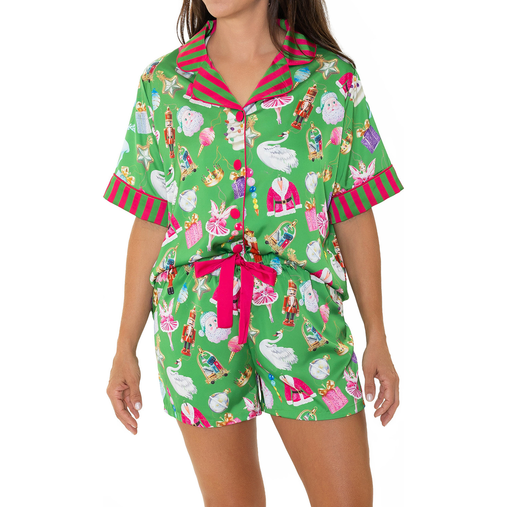 Sunshine Society Holiday Bauble Silky Short Sleeve Shorts Set in Green at Nordstrom, Size Small