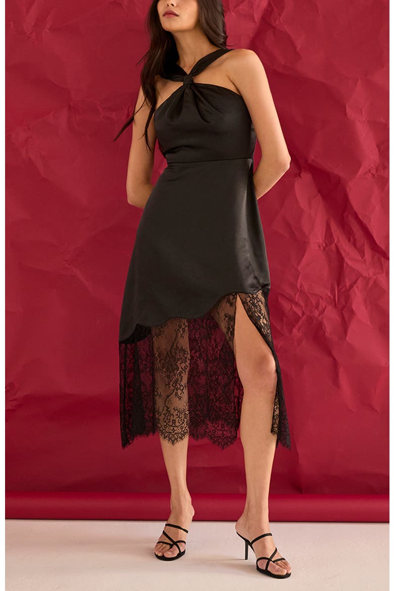 Lace Hem Satin Halter Midi Dress, Alternate, color, Black