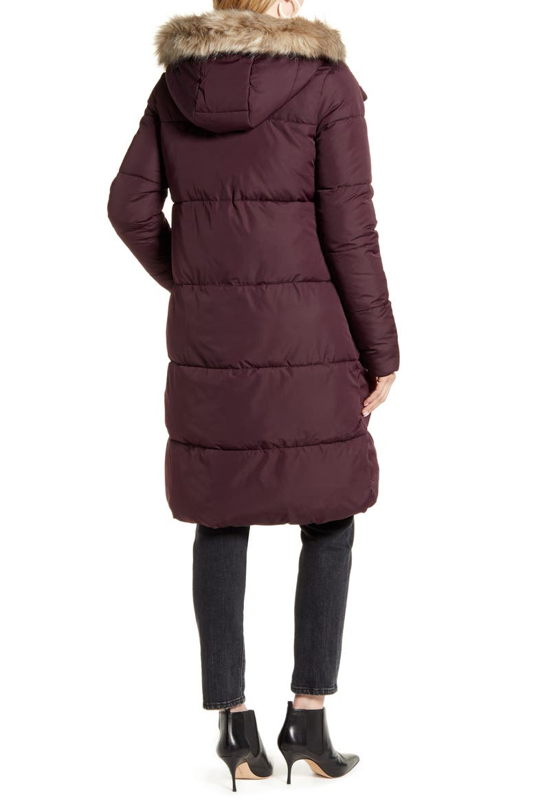 Hooded Puffer Coat with Faux Fur Trim, Alternate, color, RED GRAPE