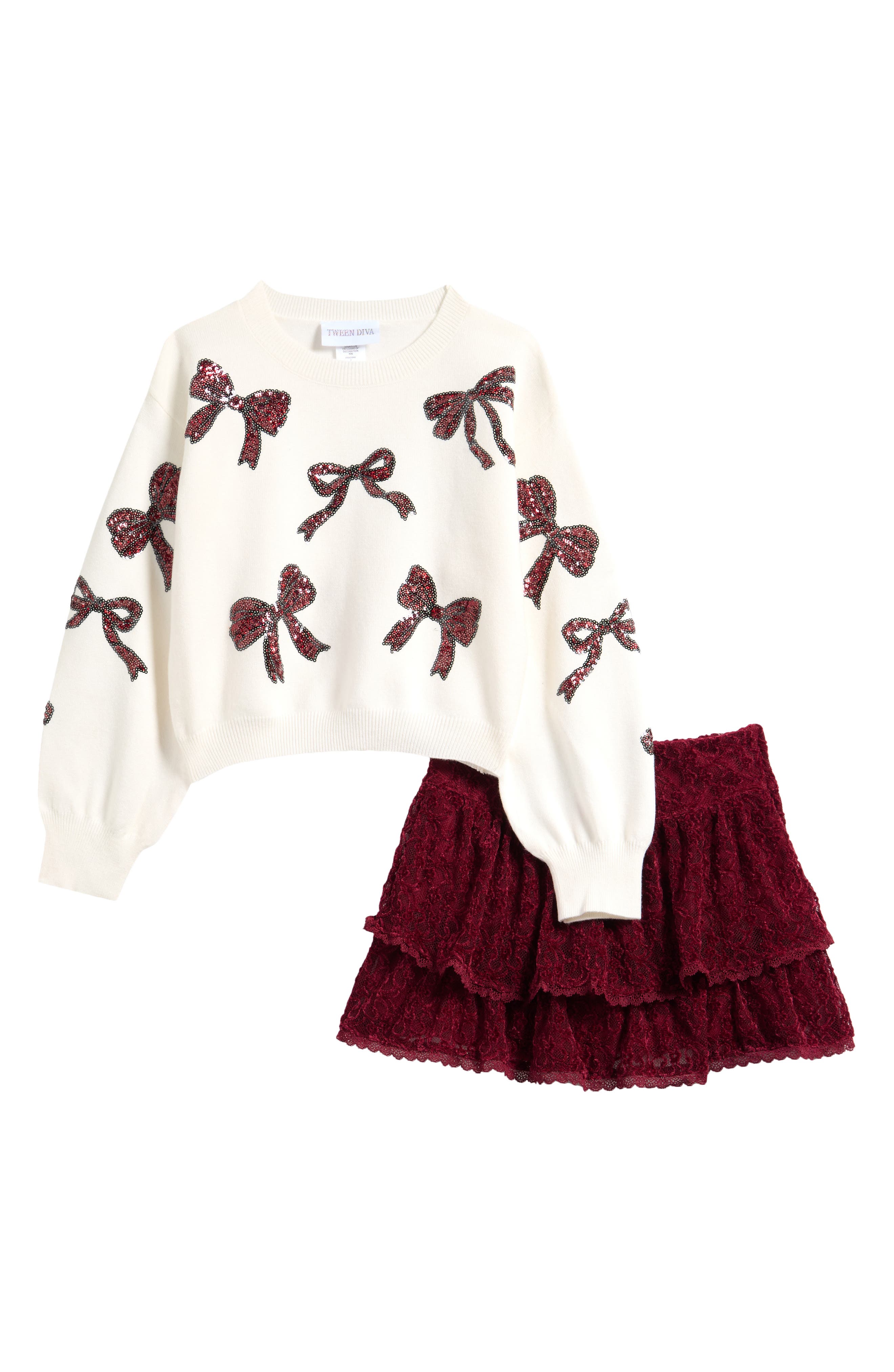 Kids' Sequined Bow Sweater & Lace Skort Set