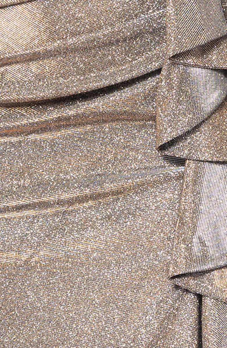 Xscape Evenings Raveena Foil Knit Off the Shoulder Ruched Gown, Alternate, color, Sand