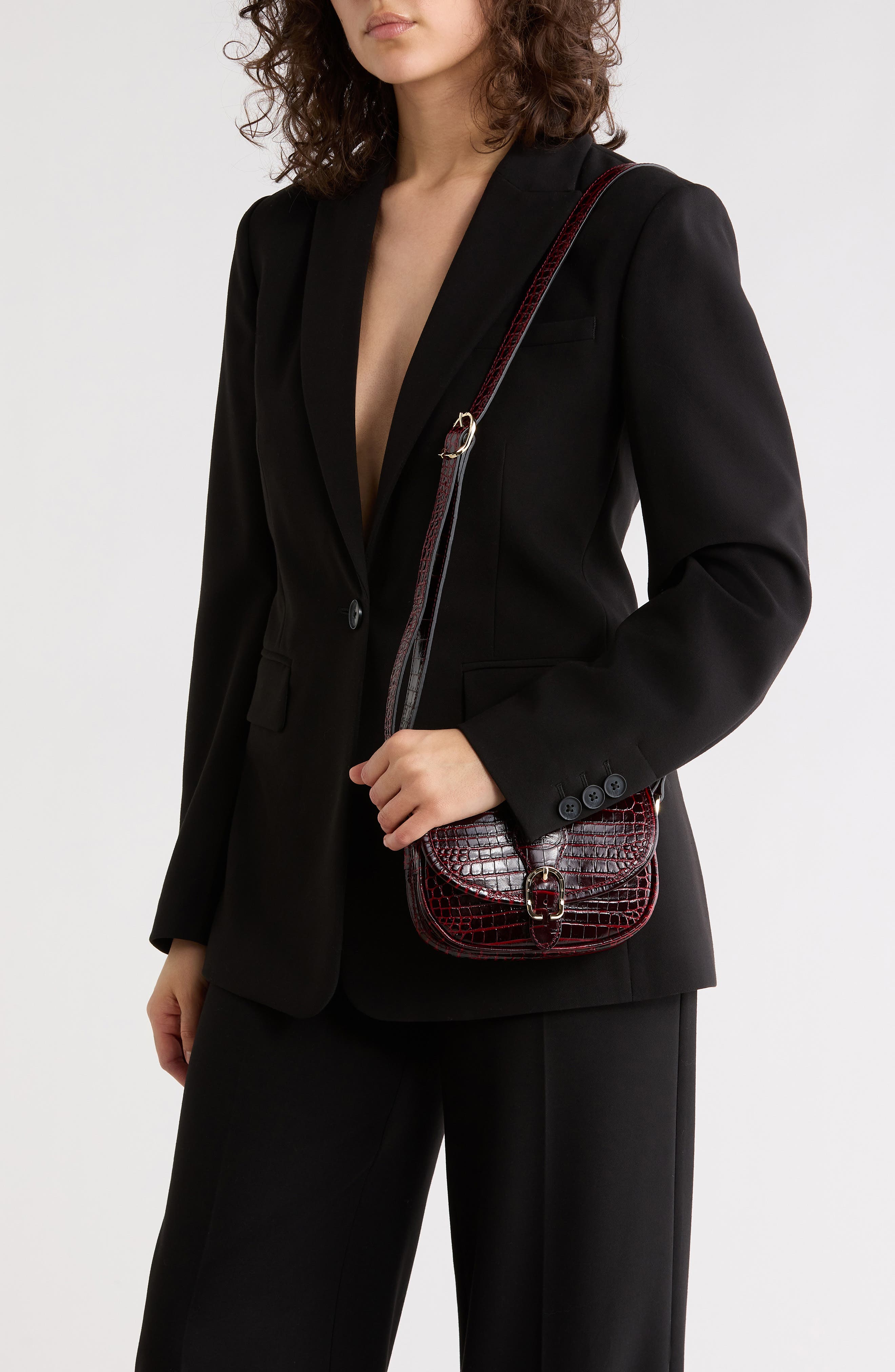 Longchamp Croc Embossed Leather Crossbody Bag, Alternate, color, Burgundy