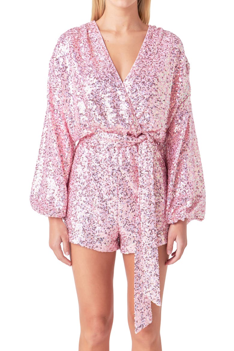 Long Sleeve Sequin Romper, Alternate, color, PINK