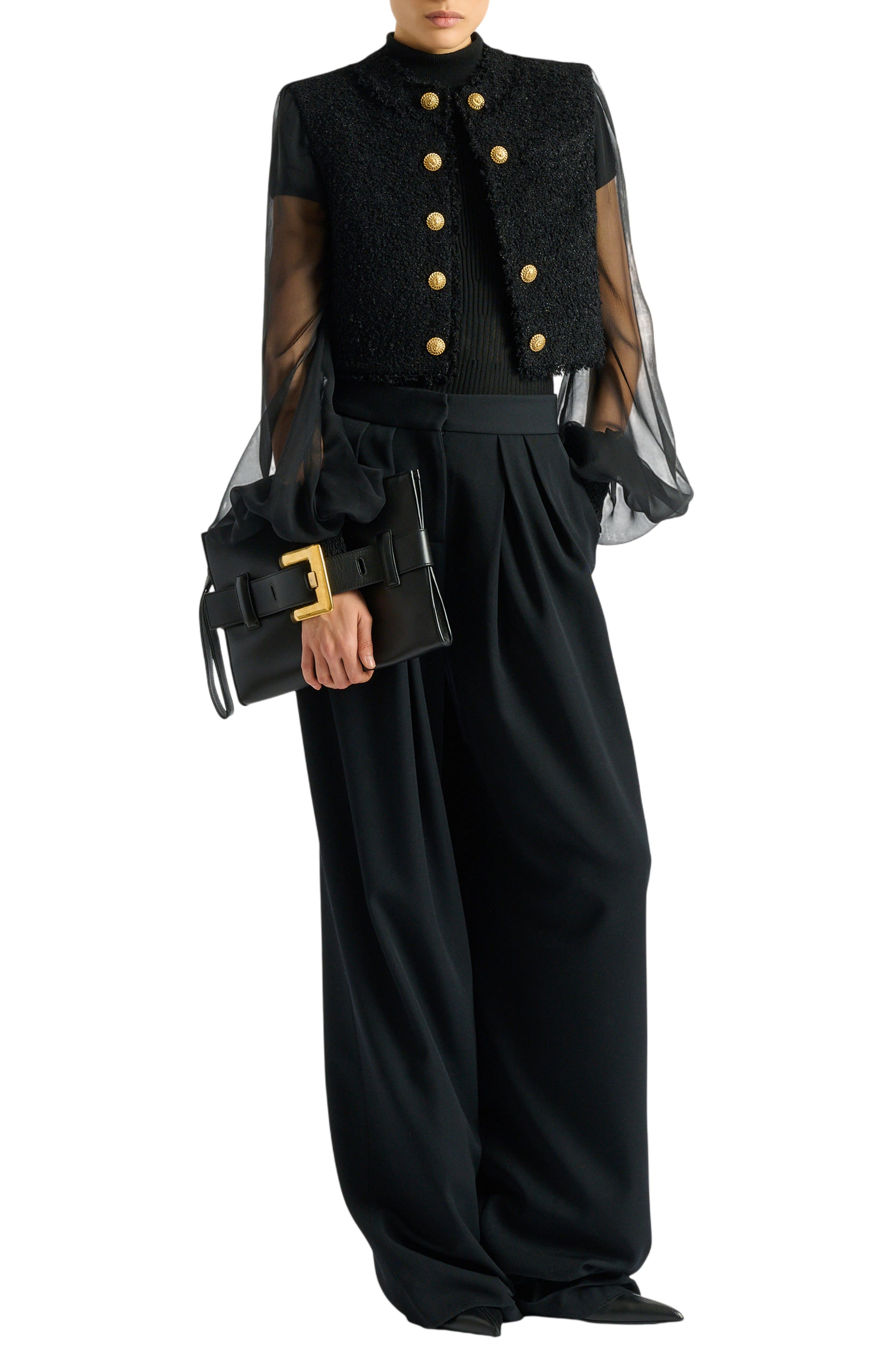 Balmain Anthem smooth leather clutch, Alternate, color, Black