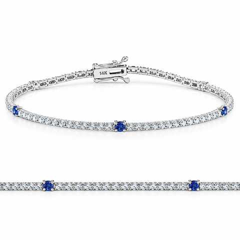 1 1/10 Ct Diamond & Blue Sapphire Tennis Bracelet 14k Gold 7" Lab Grown