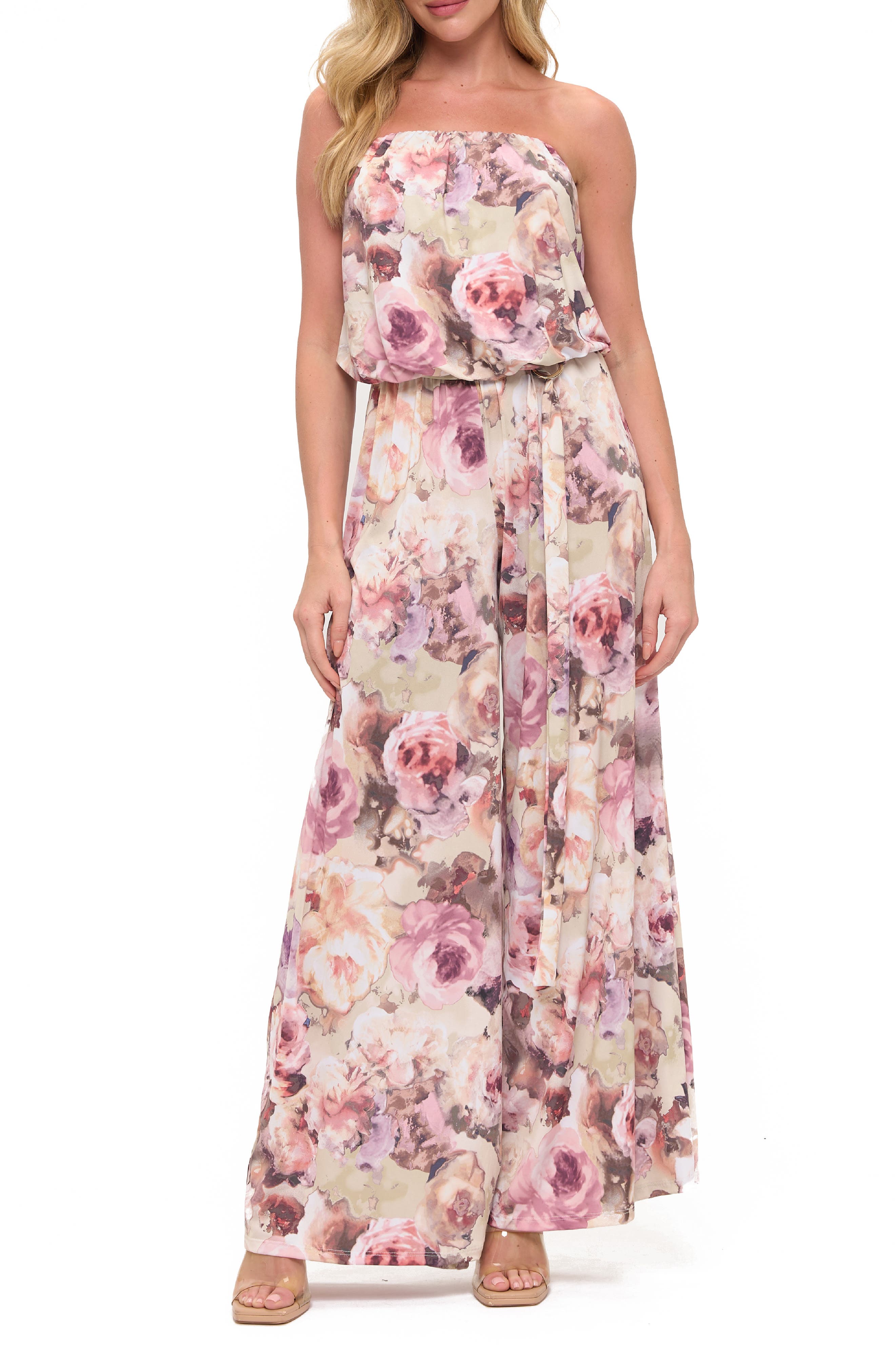 O.L. Floral Print Wide Leg Strapless Jumpsuit