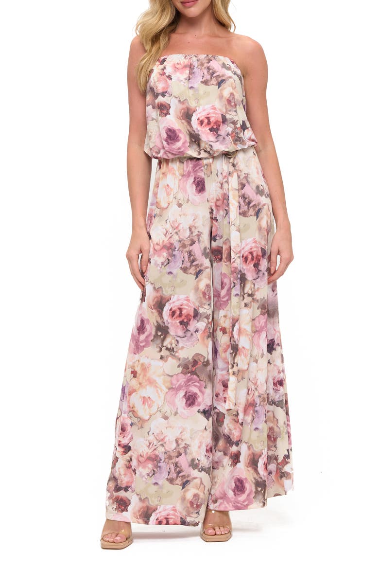Floral Print Wide Leg Strapless Jumpsuit, Main, color, PINK FLORAL