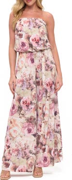 O.L. Floral Print Wide Leg Strapless Jumpsuit