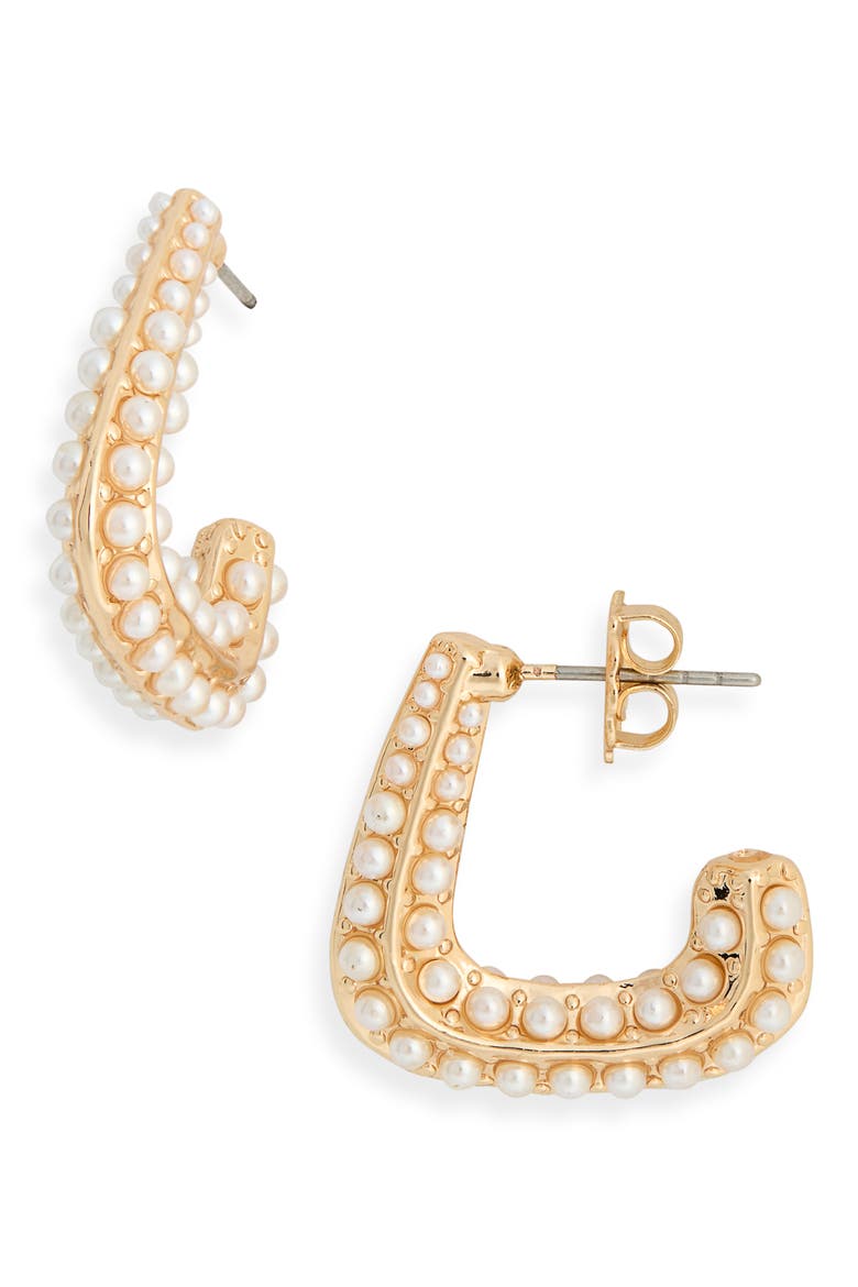 Micro Faux Pearl Hoop Earrings, Main, color, CLEAR- WHITE- GOLD