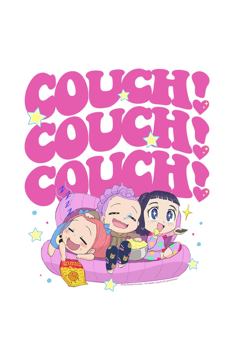 KPop Demon Hunters Women's KPop Demon Hunters Cute Friendship Couch Time Graphic T-Shirt, Alternate, color, White