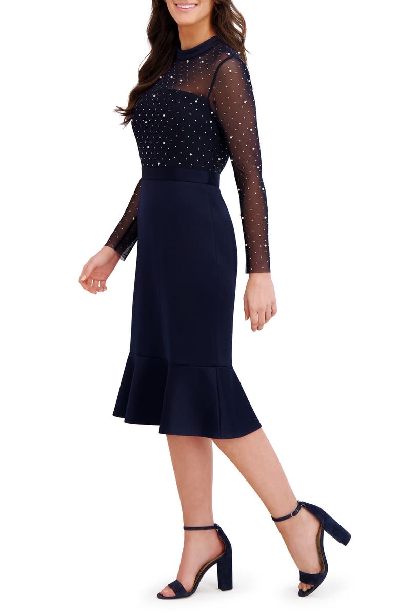 Embellished Illusion Long Sleeve Midi Dress