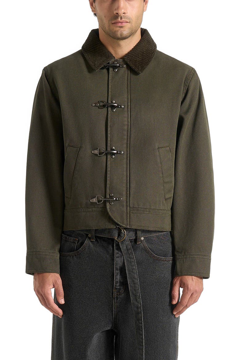 Nino Clasp Detail Contrast Stitch Gabardine Jacket, Main, color, Dark Green