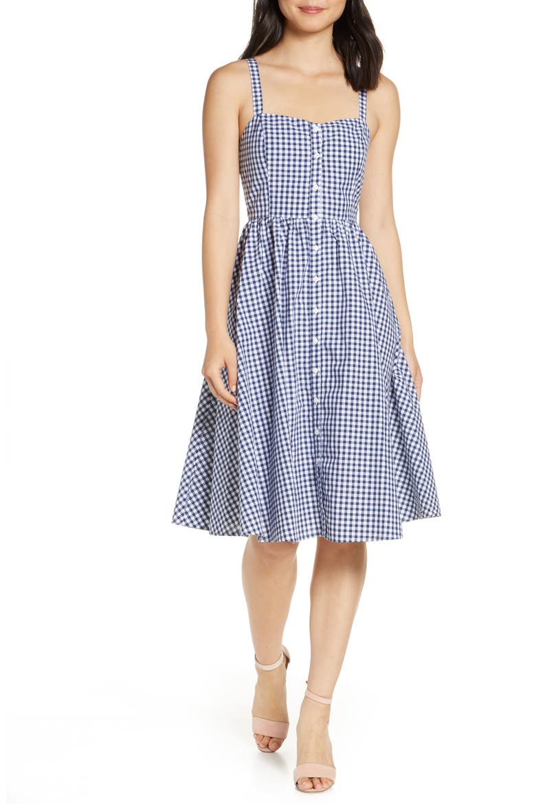 Gingham Fit & Flare Sundress, Main, color, INDIGO/ SUMMER WHITE