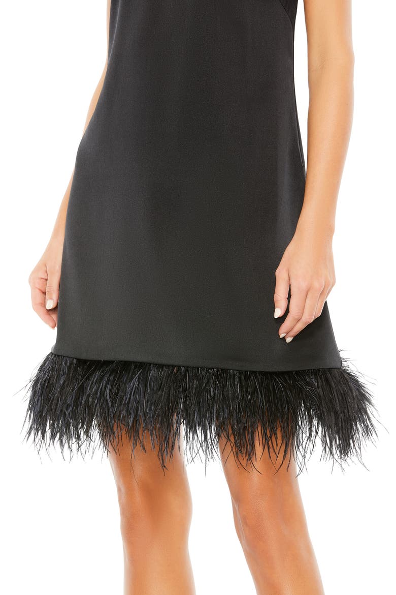 Feather Hem High Neck A-Line Dress, Alternate, color, BLACK