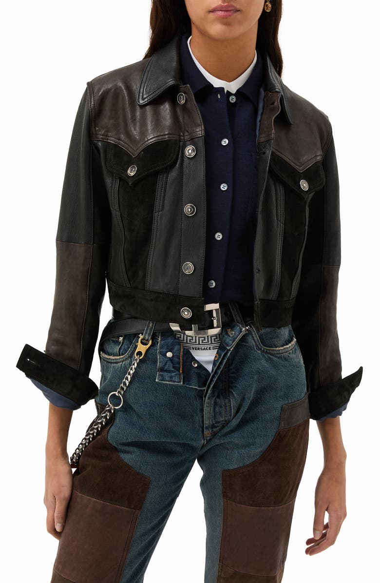 Versace Crop Mixed Leather Jacket, Main, color, Black