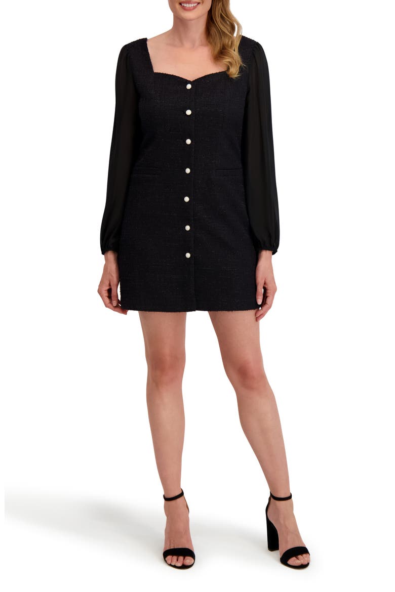 Isla Long Sleeve Mixed Media Minidress, Main, color, BLACK ONYX