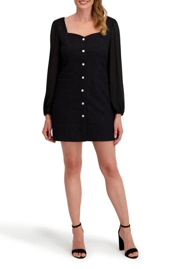Laundry By Shelli Segal Isla Long Sleeve Mixed Media Minidress In Black