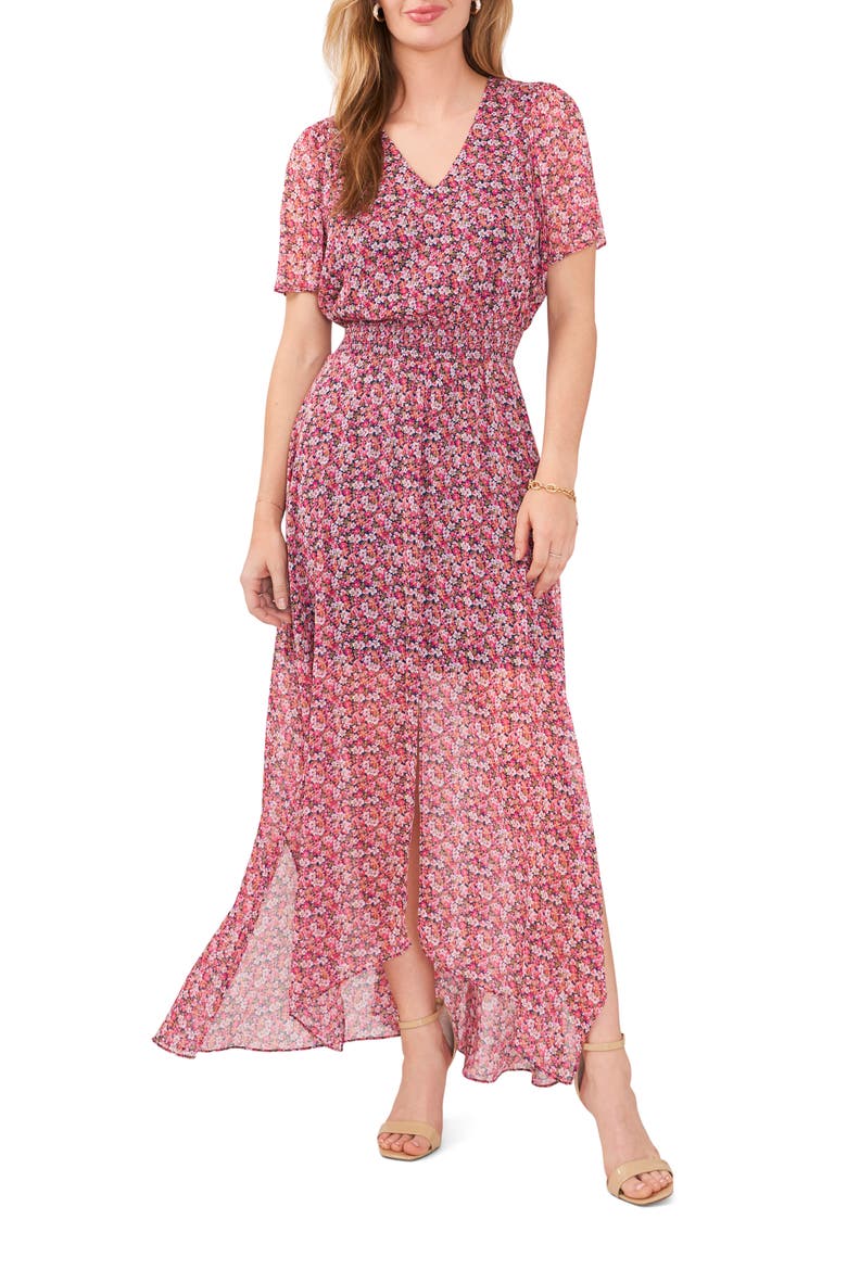 Floral Smocked Waist Flutter Sleeve Maxi Dress, Main, color, NAVY