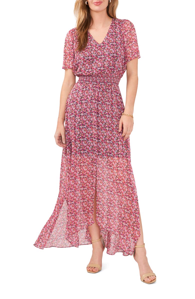 Chaus Floral Smocked Waist Flutter Sleeve Maxi Dress, Main, color, Jbs Navy