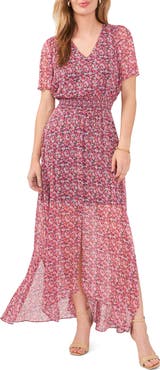 Chaus Floral Smocked Waist Flutter Sleeve Maxi Dress