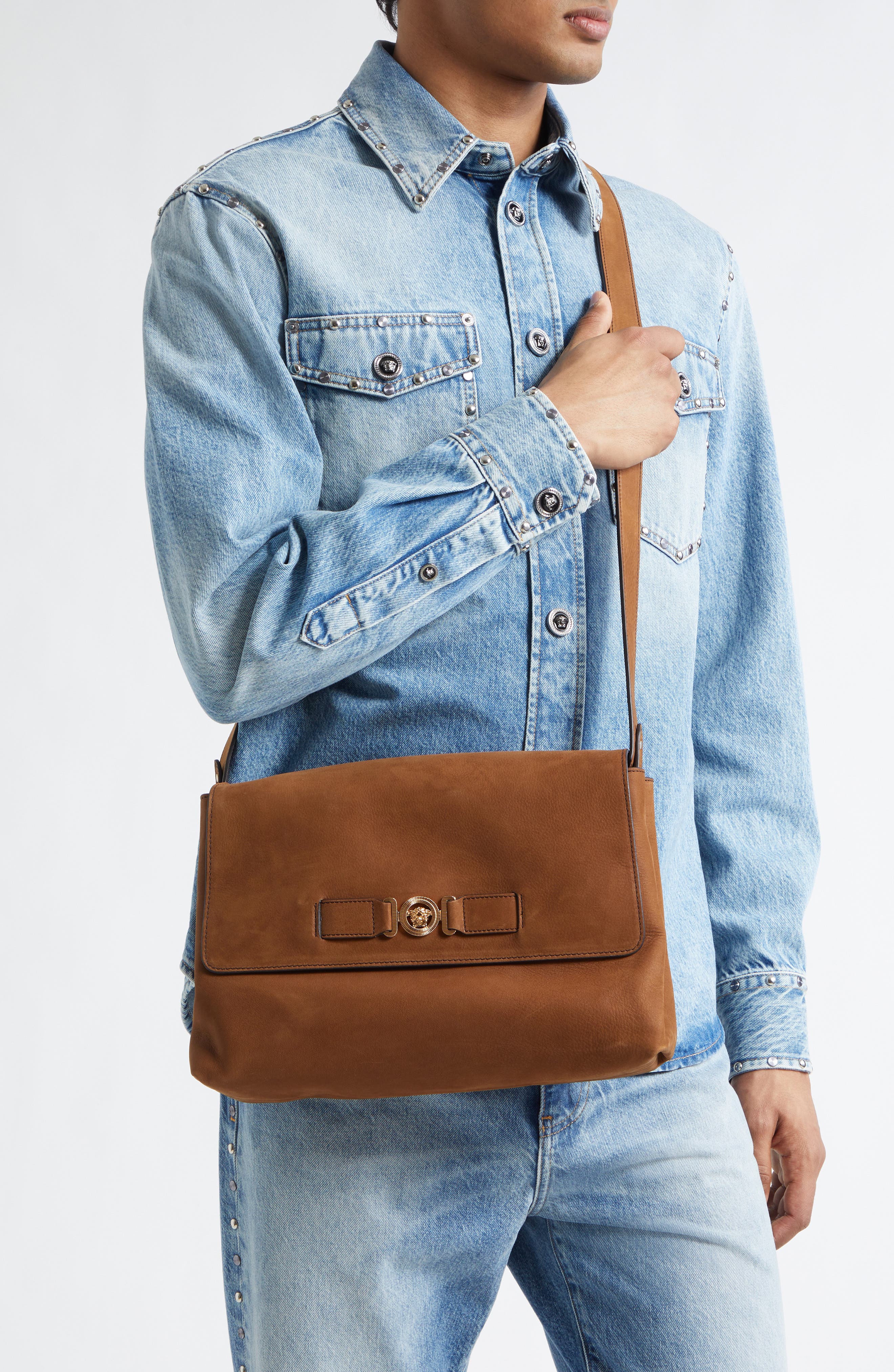 Versace Biggie Nubuck Leather Messenger Bag, Alternate, color, Light Brown-Versace Gold