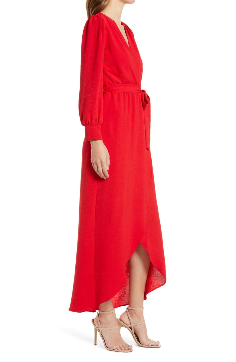 Fraiche by J Wrap Front Long Sleeve Dress, Alternate, color, Red
