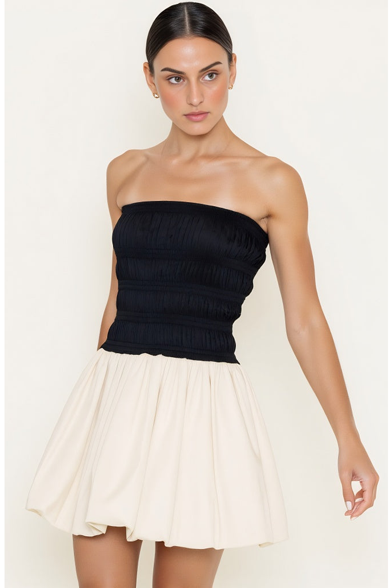 Strapless Bubble Hem Mini Dress with Smocked Bodice, Alternate, color, Black / Cream