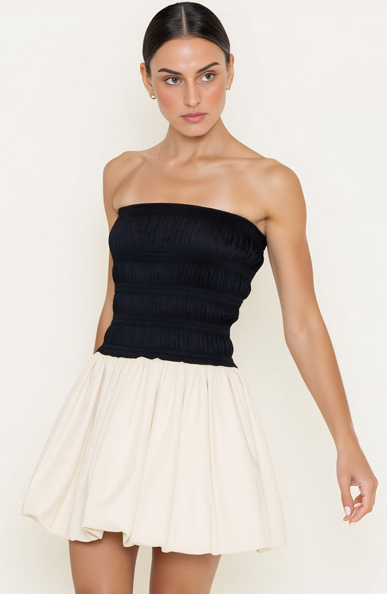 Modenaire Strapless Bubble Hem Mini Dress with Smocked Bodice, Alternate, color, Black / Cream