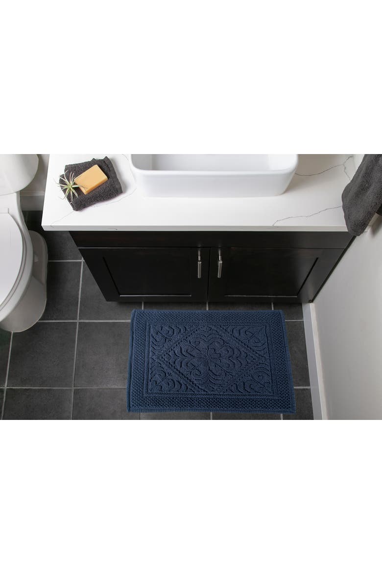 Jacquard Bordered Bath Mat, 20x31", Alternate, color, Navy Damask