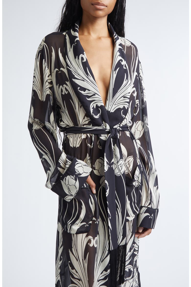 Print Silk Georgette Wrap Coat, Alternate, color, BLACK