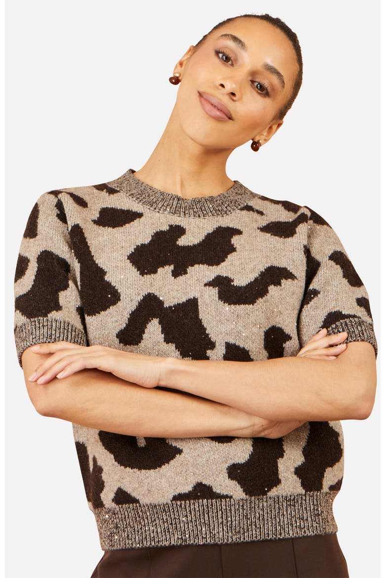 Leopard Intarsia Short Sleeve Jumper, Alternate, color, Brown