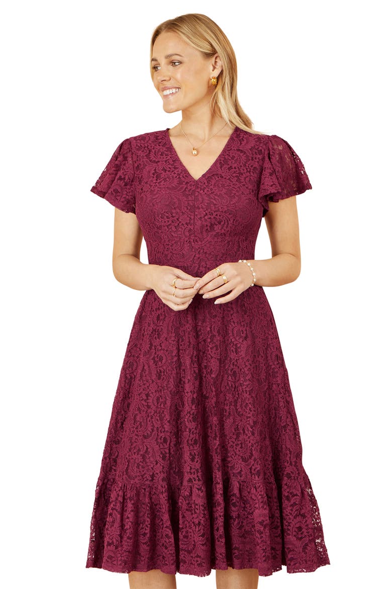 Short Sleeve Lace Midi Skater Dress, Alternate, color, Burgundy