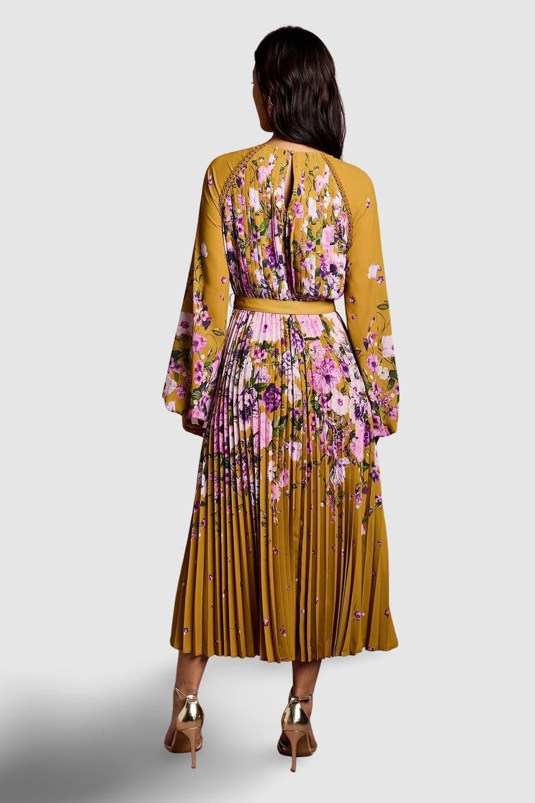Floral Pleated Georgette Midi Dress, Alternate, color, Mustard