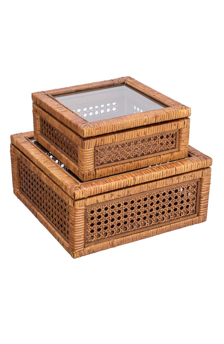 Storied Home Modern Decorative Square Woven Rattan and Wood Display Boxes with Glass Top, Set of 2 Sizes, Dark Brown Finish, Main, color, Brown