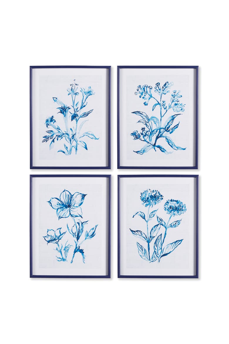 Indigo Watercolor Botanical Prints Set Of 4, Main, color, Blue