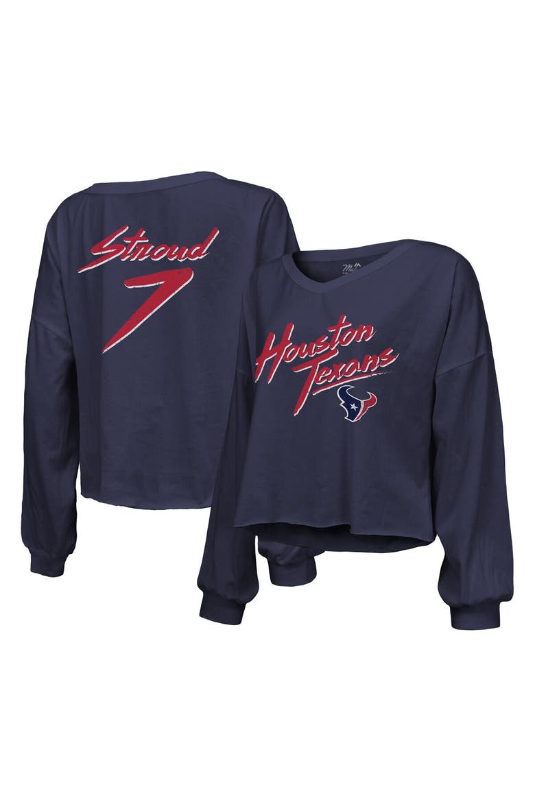 Women's Majestic Threads C.J. Stroud Navy Houston Texans Name & Number Script Off-Shoulder Cropped Long Sleeve T-Shirt, Alternate, color, Navy