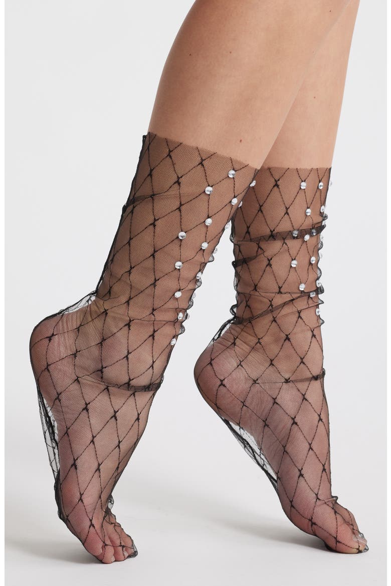 Crystal Sheer Tulle Crew Socks, Main, color, BLACK