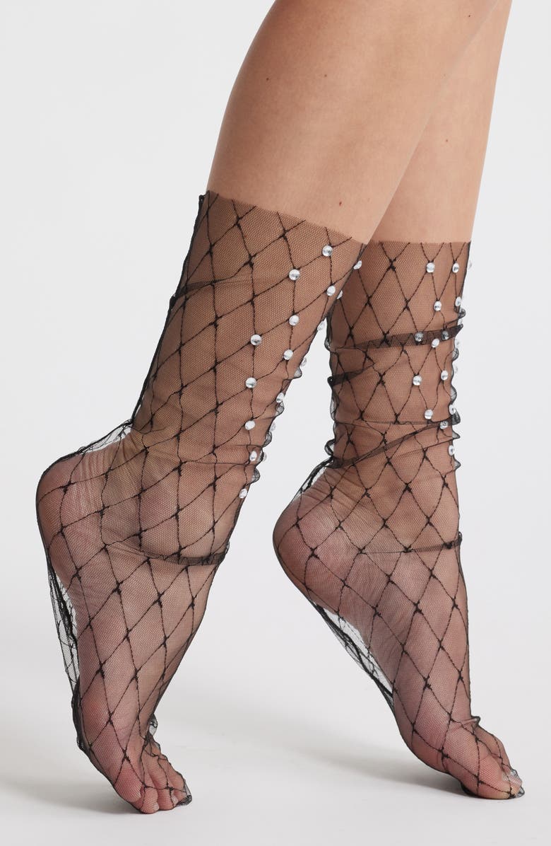 HIGH HEEL JUNGLE Crystal Sheer Tulle Crew Socks, Main, color, Black