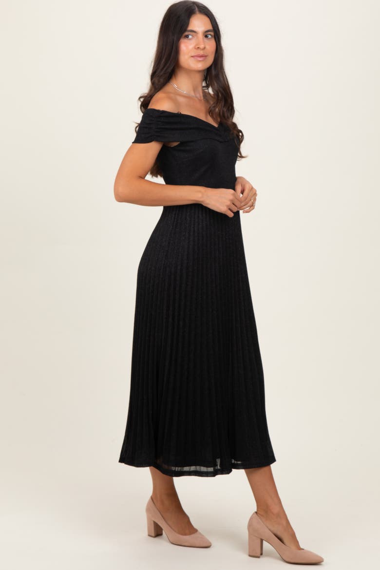 Shimmer Off Shoulder Pleated Midi Dress, Alternate, color, Black