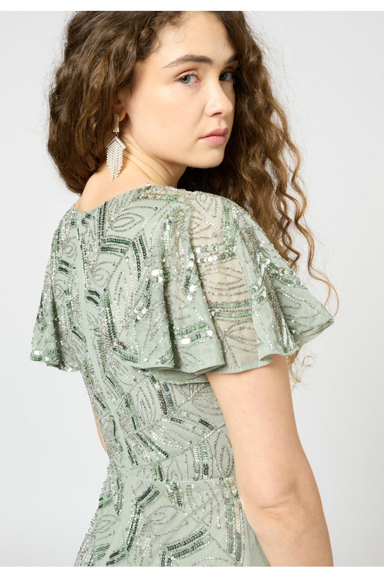 Embellished Sequin Beaded Maxi Dress With Short Sleeve, Alternate, color, SAGE GREEN