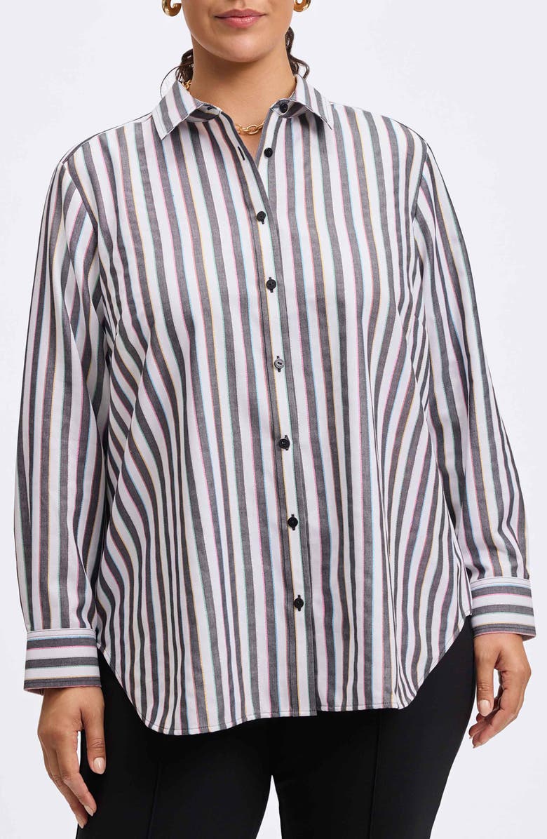 Foxcroft Rainbow Stripe Relaxed Fit Cotton Blend Button-Up Shirt, Main, color,